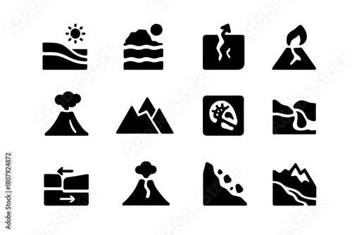 Geological Processes Icons. Geological processes. Solid icon set of Geological processes: erosion, sedimentation, weathering, metamorphism, volcanic eruption,