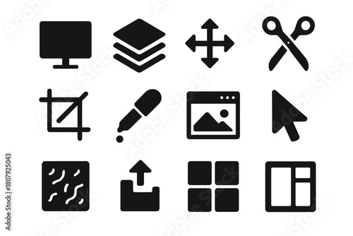 Digital Design Icons. Digital collage. Solid icon set of Digital collage: computer screen, image layers, drag icon, cut tool, crop frame, color picker, photo
