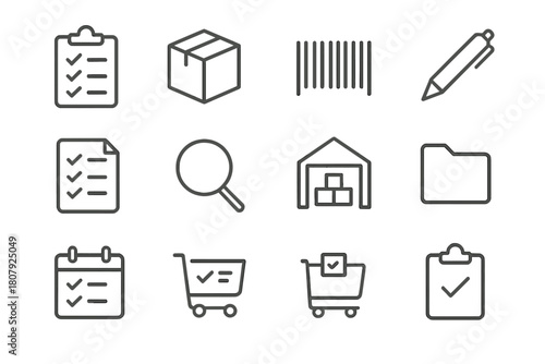 Uniform Inventory Icons. Inventory checklist. Line icon set of inventory checklist: clipboard, checklist, box, barcode, pen, document, magnifying glass,