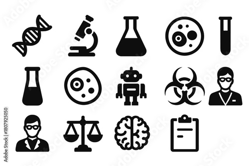 Synthetic Biology Icons. Synthetic Biology. Solid icon set of Synthetic Biology: DNA strand, microscope, lab flask, petri dish, test tube, artificial cell,