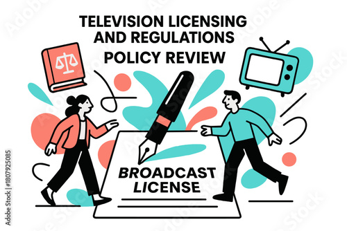 Broadcast License Review. Television licensing and regulations ? Policy review desk. A document marked ?BROADCAST LICENSE? lies under a stylized pen; floating