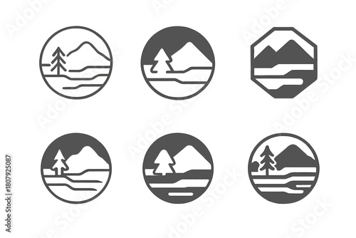 Early Morning Mist Icons. Early morning mist. Icon set. Set Logo of early morning mist: foggy landscape silhouette. harmonious logo variations of the same