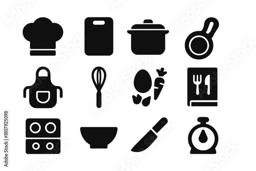 Cooking Class Icons. Cooking class tourism. Solid icon set of Cooking class tourism: chef hat, cutting board, pot, frying pan, apron, whisk, ingredients,