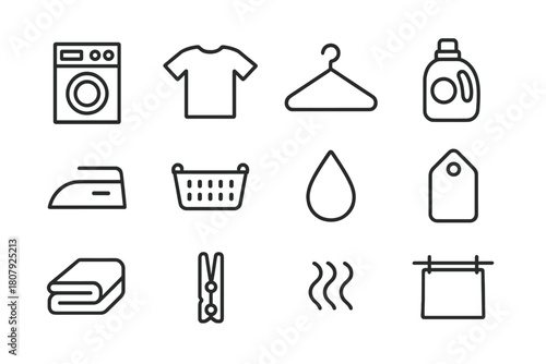 Laundry Care Icons. Laundry care. Line icon set of laundry care: washing machine, detergent bottle, towel, water droplet, laundry basket, hanger, iron, drying
