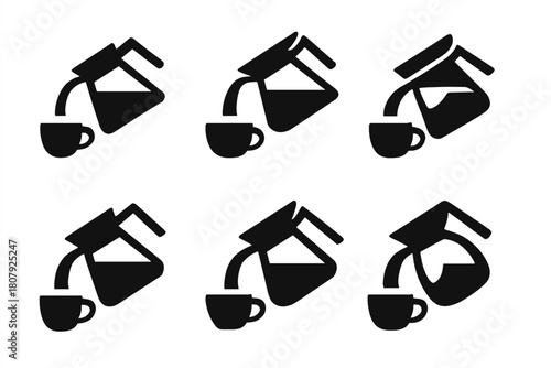 Coffee Pot Icons. Preparing a warm drink. Icon set. Set Logo of Coffee Pot: Pouring hot coffee. Stylized detail, Iconic shape, Minimal outline,