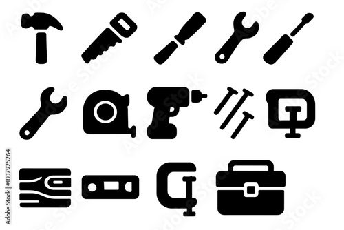 Carpentry Tools Icons. Carpentry tools. Line icon set of Carpentry tools: saw, hammer, screwdriver, tape measure, wrench, pliers, drill, nails, bolts, level,