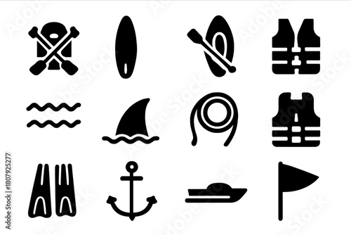 Water Adventure Icons. Water-Based Risk. Solid icon set of Water-Based Risk: whitewater raft, surfboard, kayak, diving mask, waves, shark fin, rope, life