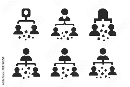 Corporate Chaos Emblems. Hostile takeover. Icon set. Set Logo of hostile takeover: abstract corporate hierarchy collapsing into chaos. harmonious