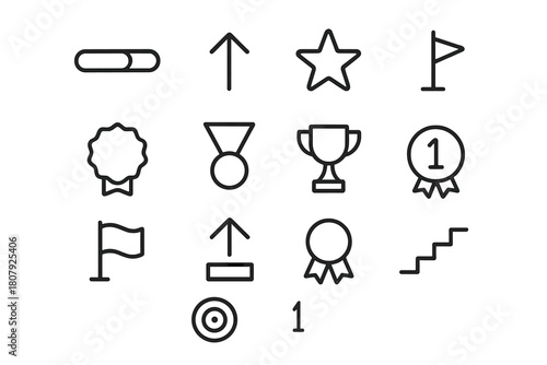 Level Progress Icons. Level Progress. Line icon set of Level Progress: progress bar, arrow up, star, badge, medal, trophy, flag, rank number, ribbon, target,