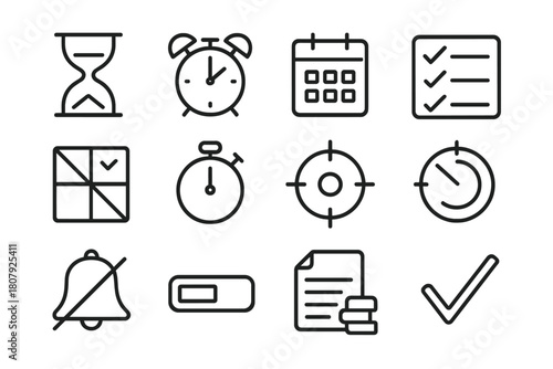 Time Management Icons. Time management and prioritization. Line icon set of time management and prioritization: hourglass, alarm clock, calendar, to-do list,