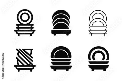 Clean Plates Logos. Stacking clean plates. Icon set. Set Logo of stacking clean plates: drying rack with plates. harmonious logo variations of the same