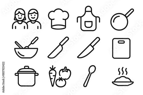 Cooking Together Icons. Cooking together. Line icon set of Cooking together: two people, chef hat, apron, frying pan, mixing bowl, spatula, knife, chopping