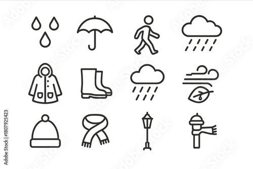 Rainy Day Icons. Rainy day essentials. Line icon set of Rainy day essentials: umbrella, raincoat, boots, hat, puddle, gloves, scarf, cloud,