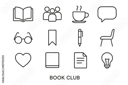 Book Club Icons. Book Club. Line icon set of Book Club: open book, coffee cup, group of people, chat bubble, reading glasses, bookshelf, bookmark, calendar,
