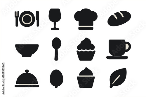 Food Icon Collection. Food and dining. Solid icon set of food and dining: plate, fork, knife, wine glass, chef hat, bread, bowl, spoon, cupcake, coffee cup,