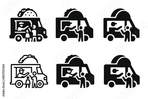 Food Truck Logos. Food truck street parties. Icon set. Set Logo of food truck street parties: barbecue grill beside open truck window. harmonious