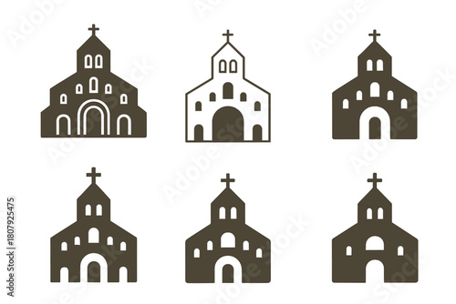 Christian Church Icon Set. The development of Christian church architecture. Icon set. Set Logo of The development of Christian church architecture: Romanesque