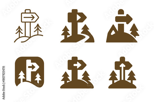 Nature Trail Logos. Hiking and exploring nature trails. Icon set. Set Logo of hiking and exploring nature trails: binoculars with soaring bird. harmonious logo