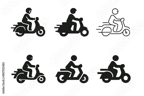 Scooter Logo Variations. Riding a scooter. Icon set. Set Logo of Riding a Scooter: scooter parked beside city street. harmonious logo variations of the same