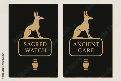 Jackal Banner Art. Jackal Guardian. Two vertical A6 banners with safe margins, centered composition, no elements touching edges, minimal, black and gold,