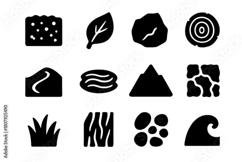 Earthy Texture Icons. Earthy textures. Solid icon set of earthy textures: soil, leaf, rock, tree trunk, sand dune, water ripple, mountain, clay, grass, bark,