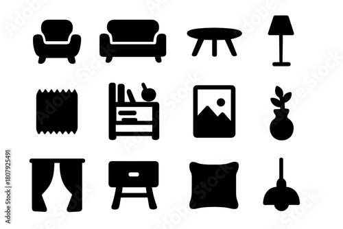 Minimalist Decor Icons. Minimalist Decor. Solid icon set of Minimalist Decor: armchair, sofa, coffee table, floor lamp, rug, bookshelf, wall art, vase,