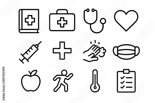 Health Education Icons. Health education icons. Line icon set of Health education icons: health book, first aid kit, stethoscope, heart, syringe, medical