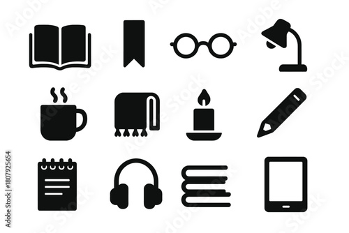 Reading Essentials Icons. Reading essentials. Solid icon set of Reading essentials: open book, bookmark, glasses, reading lamp, tea mug, blanket, candle,