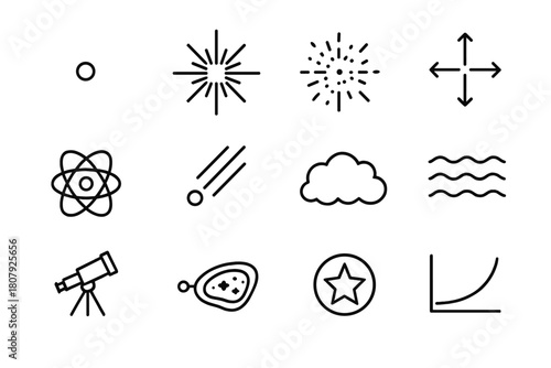Big Bang Icon Set. big bang. Icon set. Set Logo of big bang: expanding light rings. harmonious logo variations of the same emblematic concept, each with