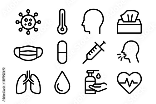 Viral Infection Icons. Viral infection. Line icon set of viral infection: virus, thermometer, person head, tissue, mask, pill, syringe, cough icon, lungs,