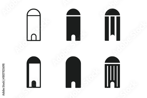 Grain Silo Logos. Grain silo. Icon set. Set Logo of grain silo: vintage wooden silo. harmonious logo variations of the same emblematic concept, each with