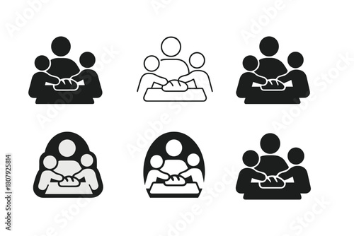 Family Meal Icons. Sharing a family meal. Icon set. Set Logo of sharing a family meal: plate with heart-shaped food. harmonious logo variations of the same