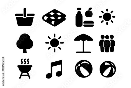 Picnic Icon Set. Outdoor picnic. Solid icon set of outdoor picnic: basket, blanket, sandwich, drink bottle, apple, tree, sun, umbrella, people group, grill,