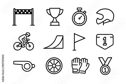 Bike Competition Icons. Bike competition. Line icon set of bike competition: finish line, trophy, stopwatch, helmet, biker, ramp, flag, number plate, whistle,