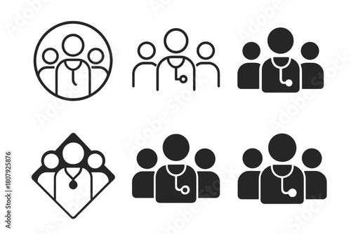 Doctor Visit Icons. Taking a friend to the doctor. Icon set. Set Logo of Taking a friend to the doctor: Prescription handoff. harmonious logo variations of the