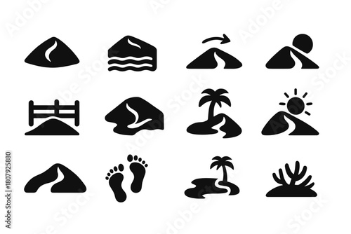 Sand Dune Icons. Sand Dune Mounds. Solid icon set of Sand Dune Mounds: crescent dune, ripple pattern, slip face, wind arrow, sand fence, camel track, oasis