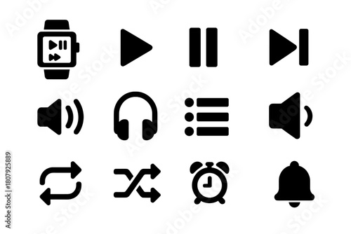 Music Control Icons. Music control. Solid icon set of Music control: smartwatch, play, pause, skip, volume, headphones, playlist, speaker, repeat, shuffle,