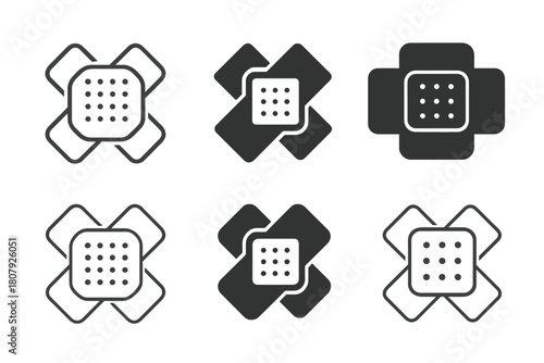 Bandage Icon Set. Bandages and gauze. Icon set. Set Logo of bandages and gauze: scissors cutting gauze strip. harmonious logo variations of the same emblematic