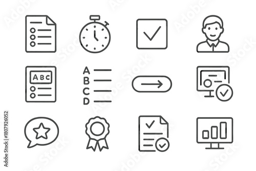 Online Exams Icons. Online exams and assessments. Line icon set of online exams: question sheet, timer, checkbox, answer form, multiple choice, submit button,