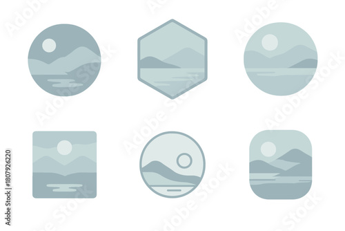Misty Morning Logos. Early morning mist. Icon set. Set Logo of early morning mist: sunrise through haze. harmonious logo variations of the same emblematic