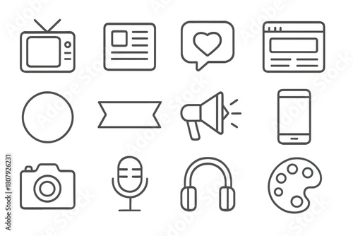Media Strategy Icons. Media strategy. Line icon set of Media strategy: TV, newspaper, social media icon, website, logo, banner, megaphone, smartphone, camera,