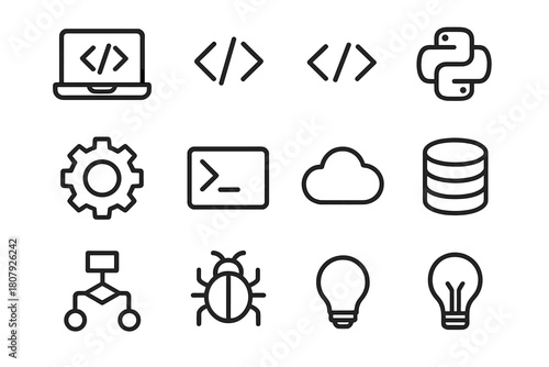 Coding Line Art Icons. Coding. Line icon set of coding: laptop, code brackets, HTML tag, JavaScript logo, Python logo, gear, terminal, cloud, database,