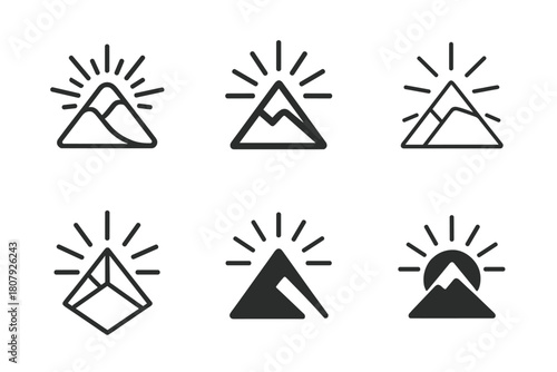 Nature's Emblematic Icons. The power of nature to inspire creativity and calmness. Icon set. Set Logo of nature?s power: mountain peak radiating light and