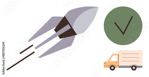 Rocket blasting off, green checkmark symbolizing approval, delivery truck for logistics. Ideal for business, innovation, speed, logistics, delivery approval success. Simple flat metaphor