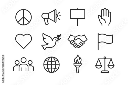 Nonviolent Protest Icons. Nonviolent protest. Line icon set of nonviolent protest: peace sign, megaphone, protest sign, raised hand, heart, dove, handshake,