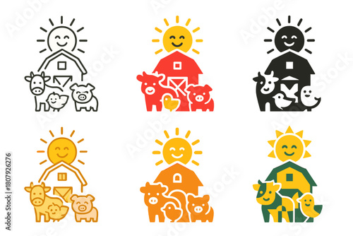 Farm Joy Logos. Joyful scenes at a farm, with baby animals. Icon set. Set Logo of farm joy: playful kittens near baskets of hay. harmonious logo variations of