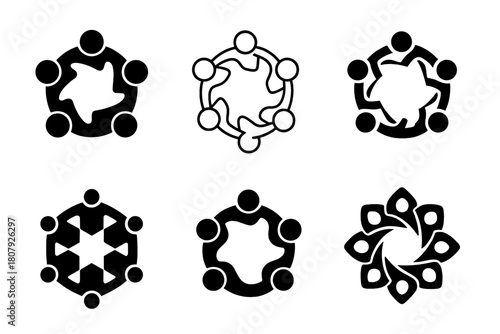 Community Unity Logos. Community unity. Icon set. Set Logo of Community Unity: interconnected hands forming a circle. harmonious logo variations of the same