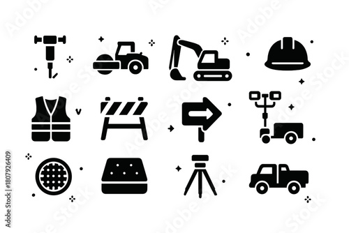 Roadwork Icons Set. Roadwork and maintenance. Solid icons set of Roadwork and maintenance: jackhammer, road roller, excavator, hard hat, safety vest,