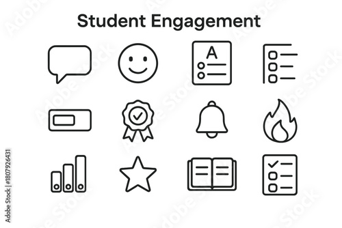 Online Engagement Icons. Student engagement. Line icon set of online engagement: discussion bubble, reaction emoji, quiz, poll, progress bar, badge, reminder