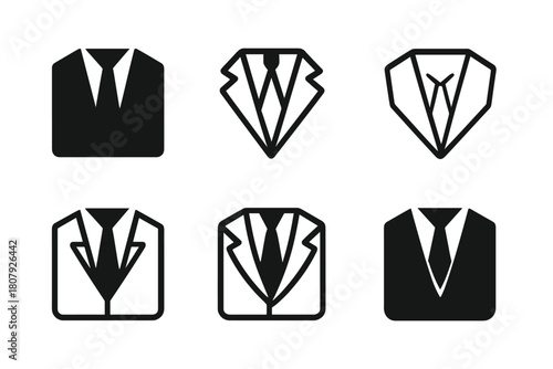 Tuxedo Logo Variations. Wearing suit. Icon set. Set Logo of wearing suit: minimalist tuxedo jacket outline with tie. harmonious logo variations of the same